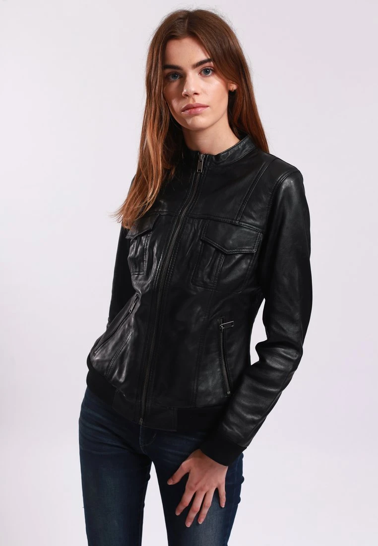 Lee Cooper Leather Jacket With Round Collar - 2 Zipped Side Pockets - - Veste En Cuir - Black 1 Lee Cooper Leather Jacket With Round Collar - 2 Zipped Side Pockets - - Veste En Cuir - Black