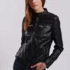 Lee Cooper Leather Jacket With Round Collar And Push Button Closure - - Veste En Cuir - Black