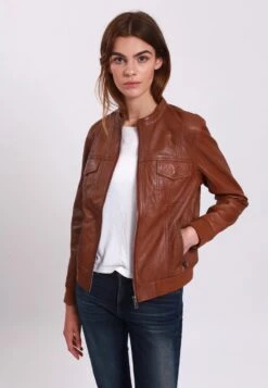 Lee Cooper Boutique 8 Lee Cooper Leather Jacket With Round Collar - 2 Zipped Side Pockets - - Veste En Cuir - Cognac